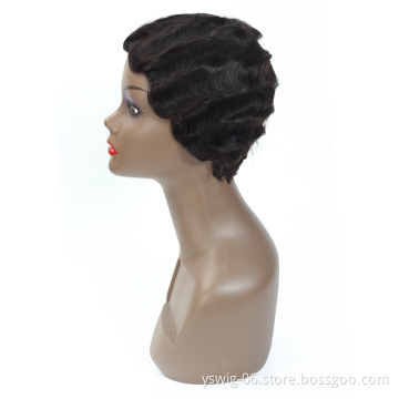 1b# Short Finger Wave Wigs For Women Remy Real Hair Pixie Cut Wig Machine Made Short Human Hair Wigs